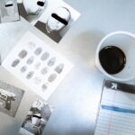 Flat lay of forensic evidence and police investigation documents on a desk.