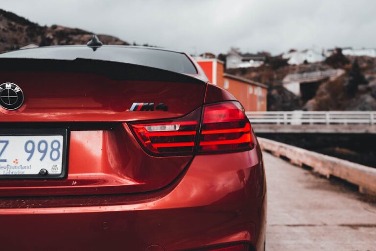 Rear view of a BMW M4 in a coastal setting, highlighting its modern design and vibrant color.