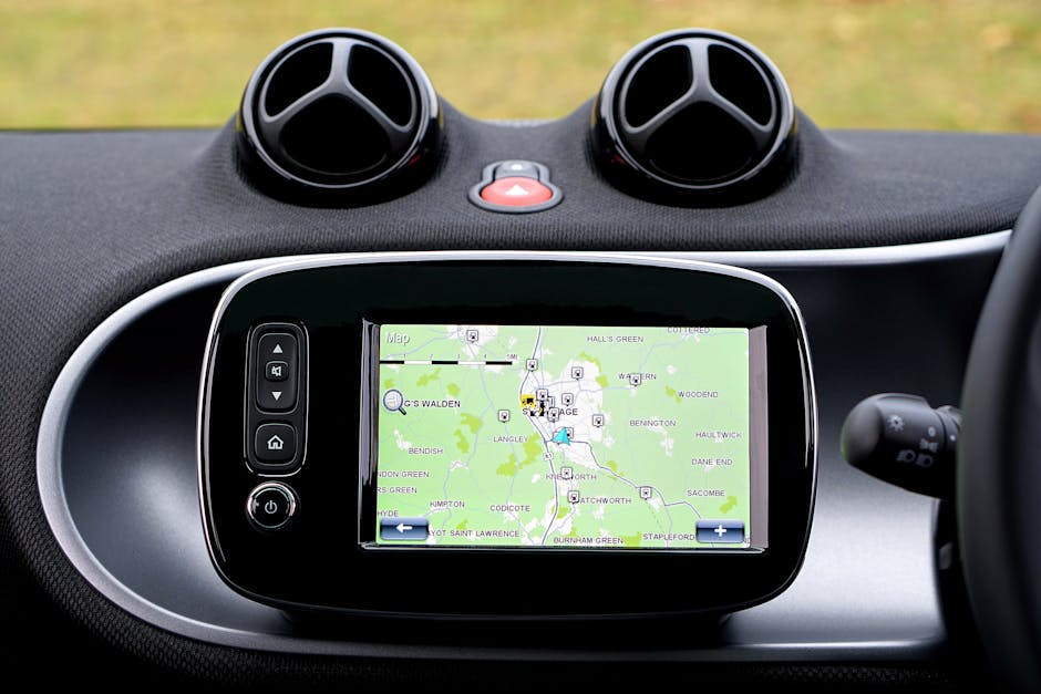Close-up view of a modern car dashboard featuring a GPS map for navigation.