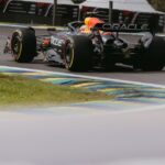 F1 race car speeding on São Paulo's Interlagos Circuit, Brazil.
