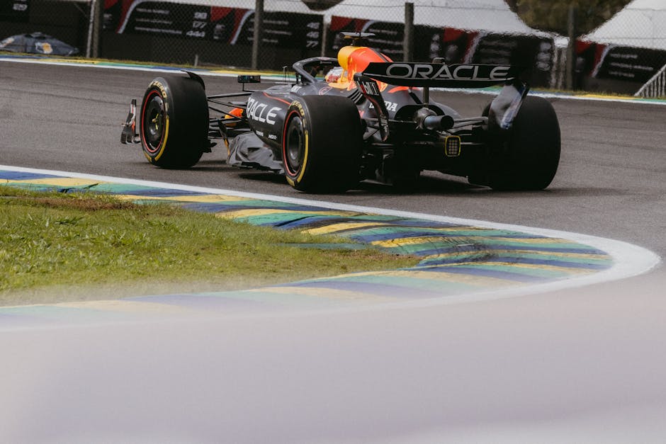 F1 race car speeding on São Paulo's Interlagos Circuit, Brazil.