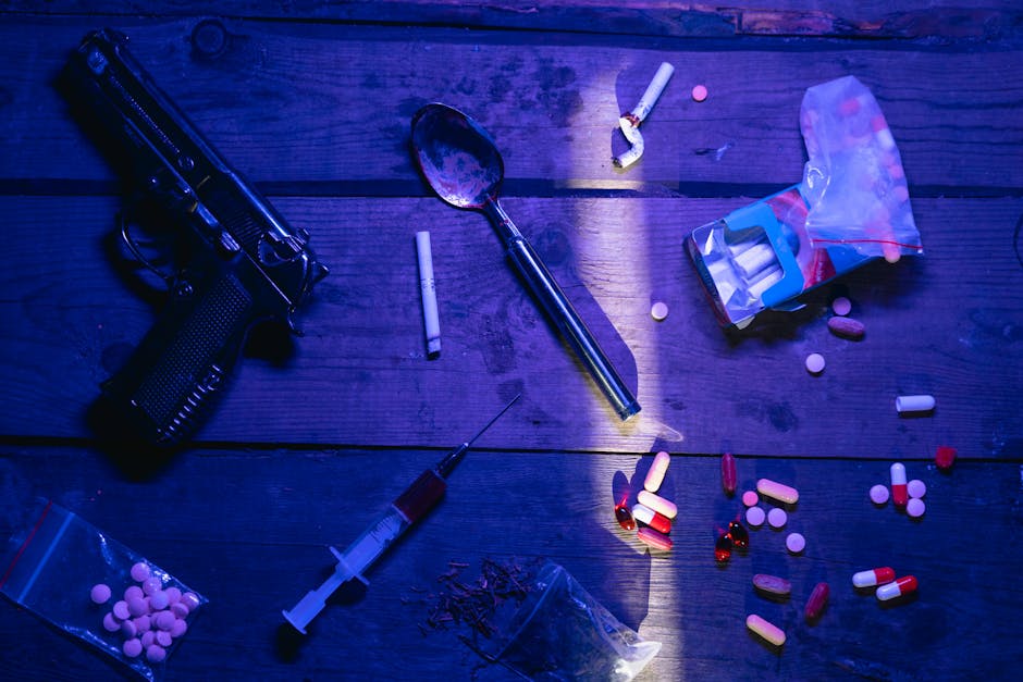 Intriguing still life image depicting pills, a gun, and syringe under dramatic lighting.